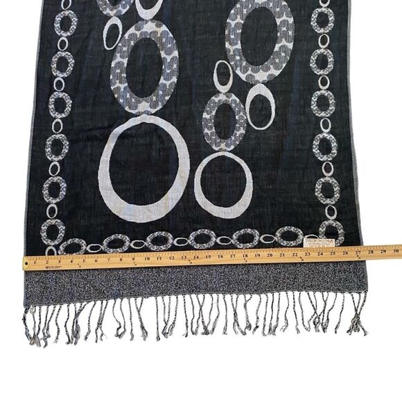 Vintage Pashmina Silk Oversized Fringed Scarf Wrap Abstract Print Black - Picture 2 of 6